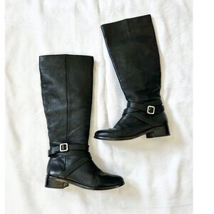Women's ANN TAYLOR Black Leather Low Heel Flat Knee High Boots - Size 6